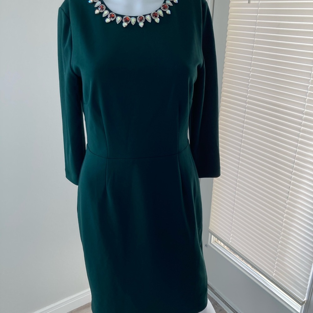 NWOT Alexia Admor Pine Green Dress SZ 6 w/Multicolored Rhinestones Long Sleeve